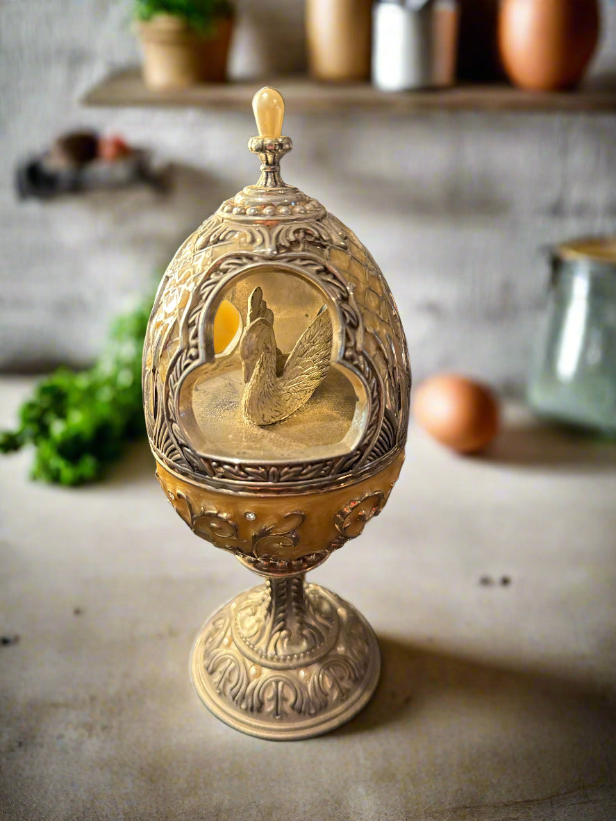 Wallace Silver Plated & Enamel Musical Swan Egg 7.5" Tall "Wing Beneath My Wings" Song Works