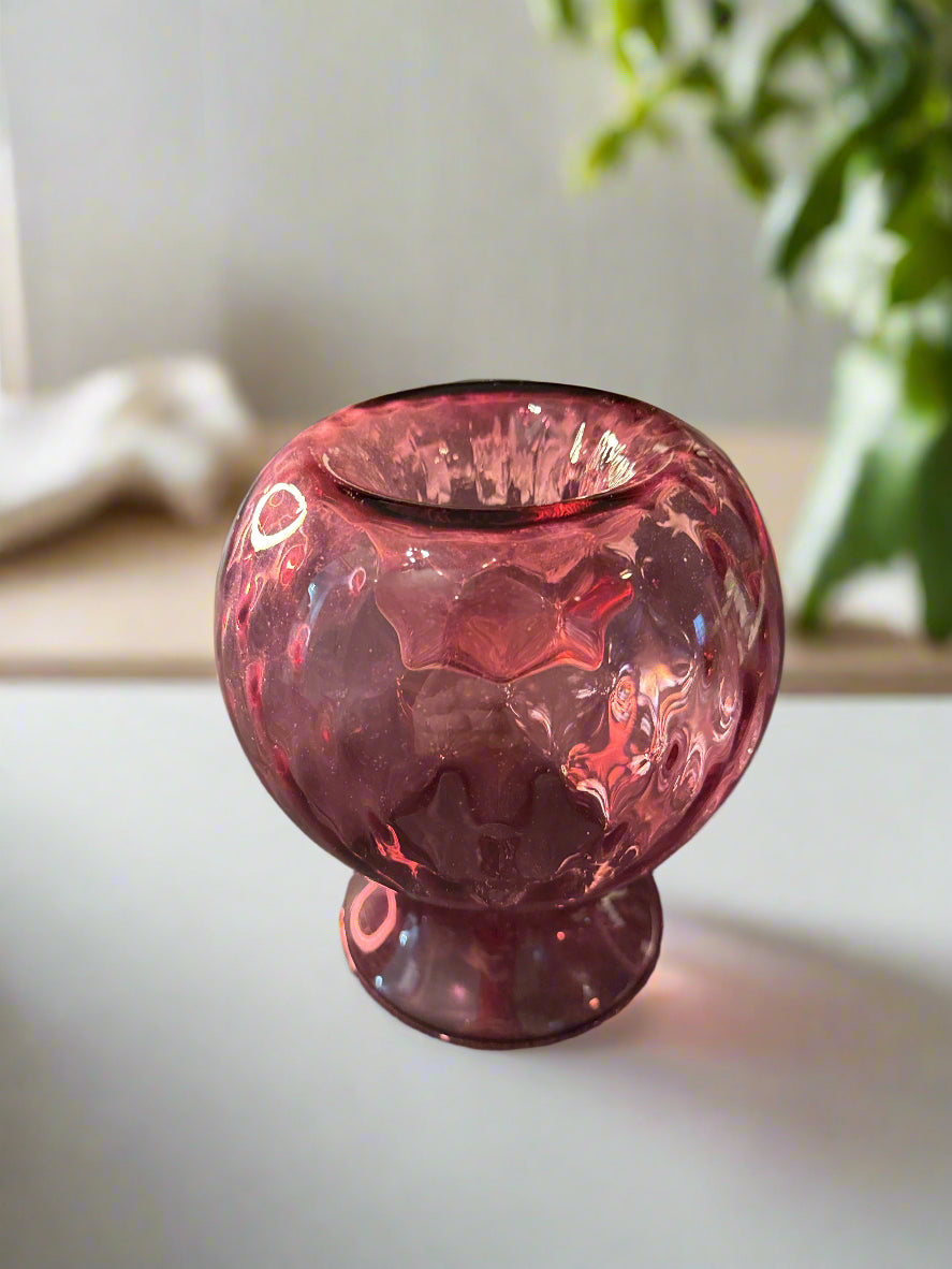 Vintage Pilgrim Glass Vase Cranberry Spiral Optic 6" Tall w/ Concave Bottom for Candles