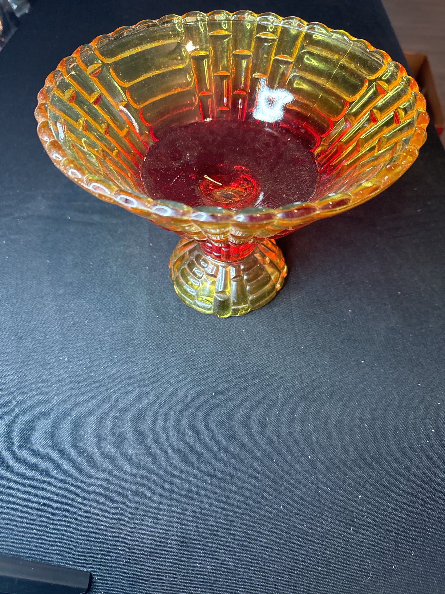 Vintage Amberina Red Orange Glass Candy Dish MCM 7" Tall