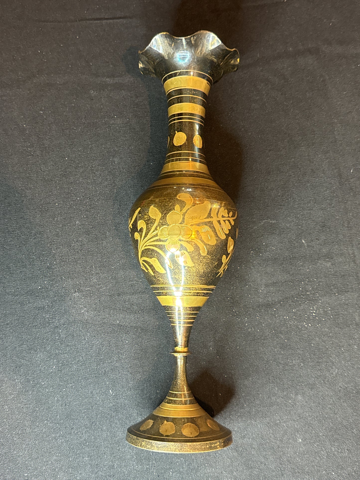 Jainson Etched Brass Vase India Metal Floral Flower Ruffled Edge Vintage 12" Tall