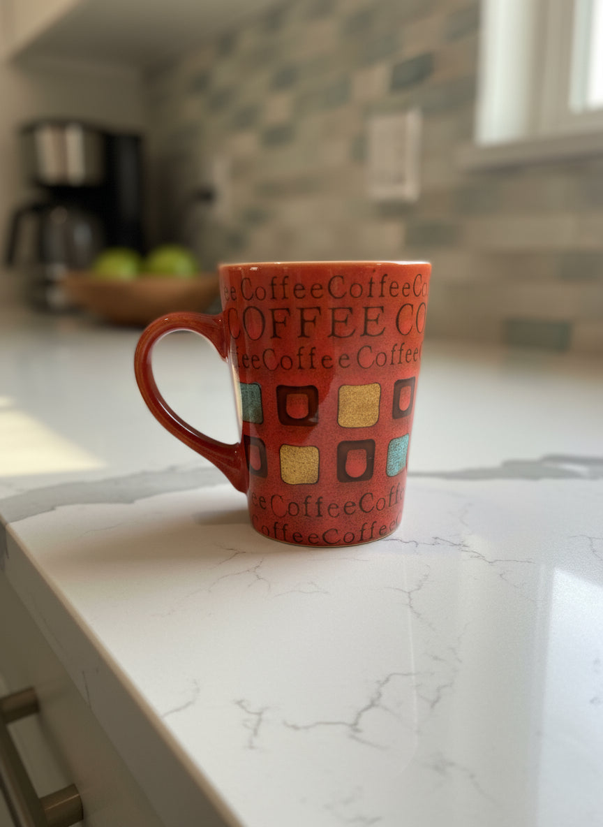 Coffee Cup/Mug with Coffee Printed All Over Outside Design Brown Inside 4.25" Tall