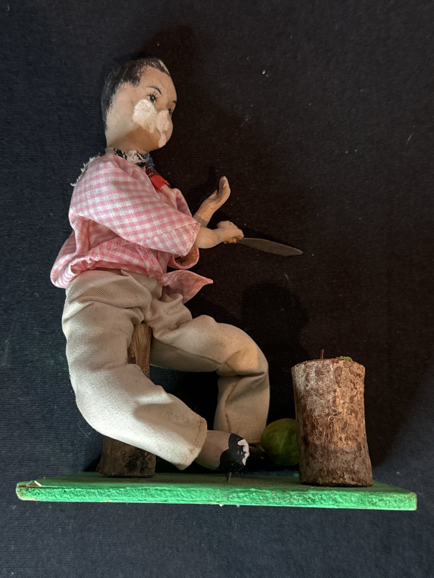 Vintage Folkart Doll Figurine Hand Painted Face Chopping Coconuts. Some Damage