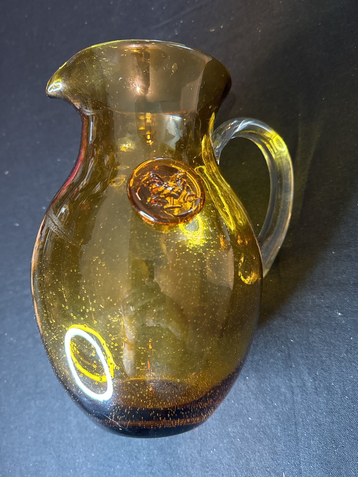 Rare Amber Bubble Effect Rooster Medallion Pitcher 9" Tall Beautiful Like New