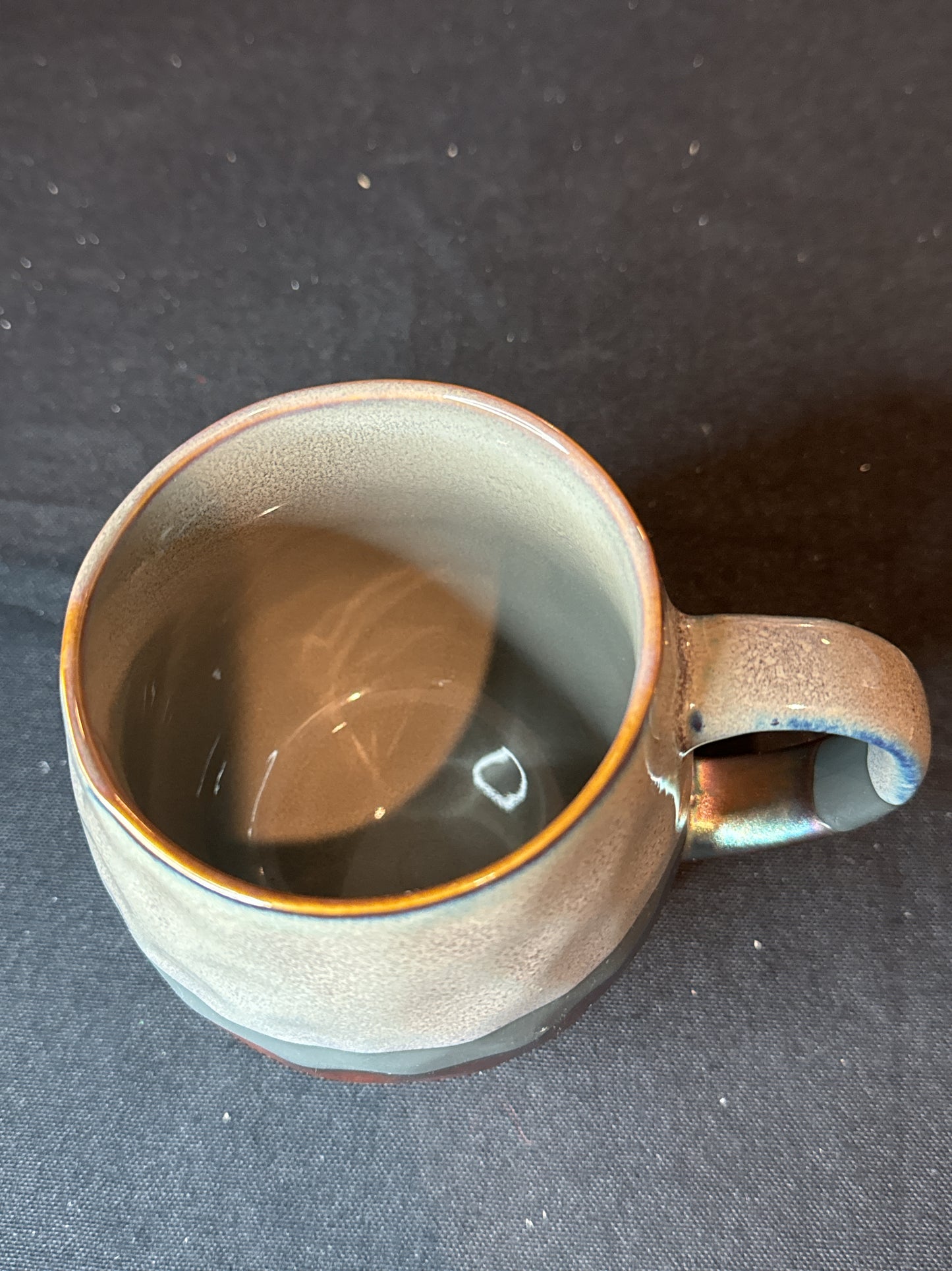 Roscher Stoneware Mug Artisan Crafted Grey Brown W/ Pewter Metallic Hammered 4" Tall
