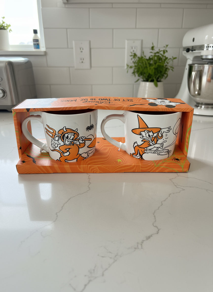 NIB Disney Dual Sided Mickey Minnie Mouse & Donald Daisy Duck Halloween 2 Mugs Orange