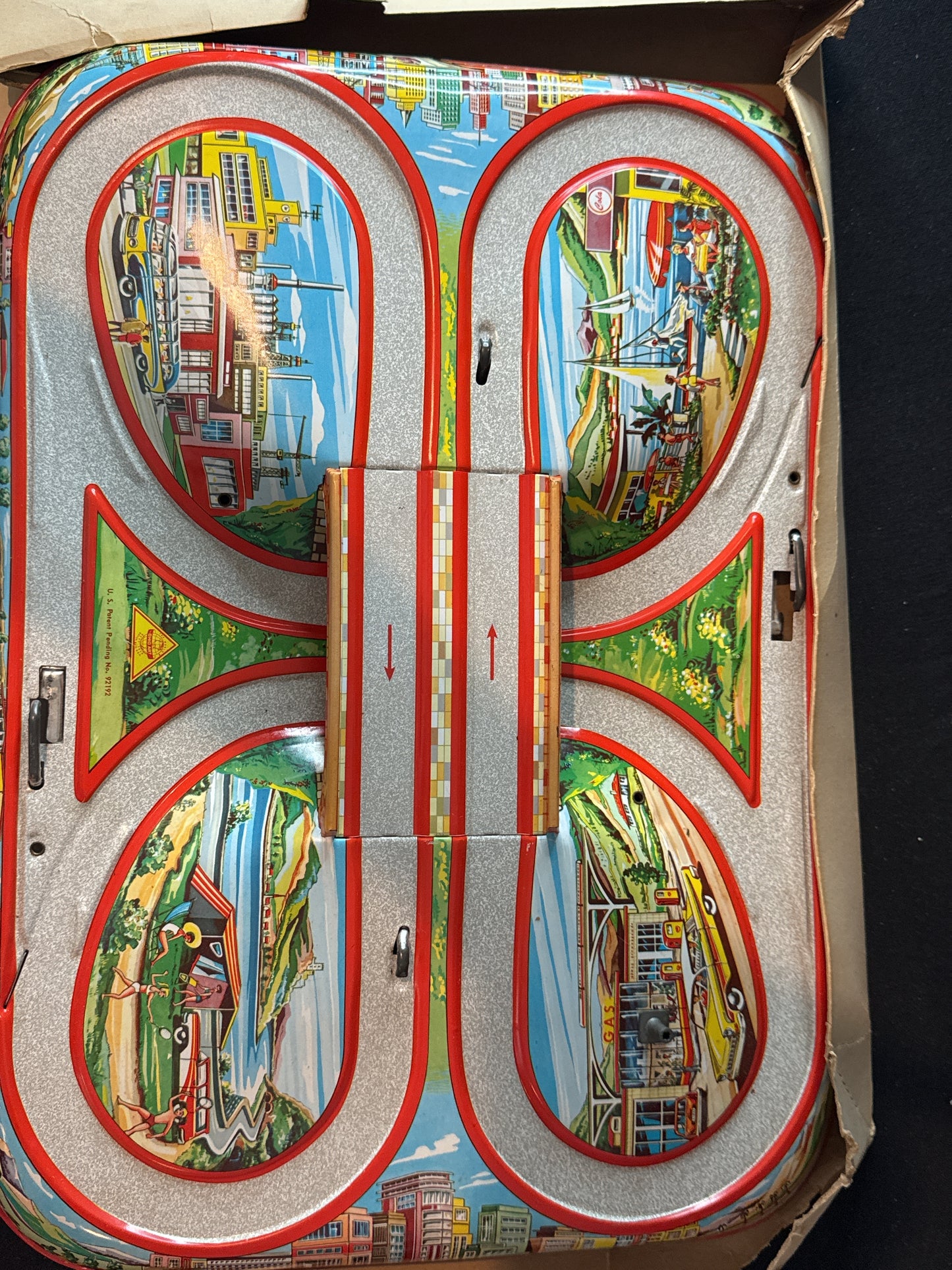 Vintage 1960 Hi-Way Road Set Ohio Art Tin Litho Set Tin Roadway w/ Working Cars