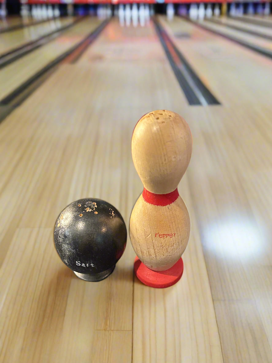 Bowling Pin and Bowling Ball Salt & Pepper Shakers 6" and 3" Tall Made in Japan