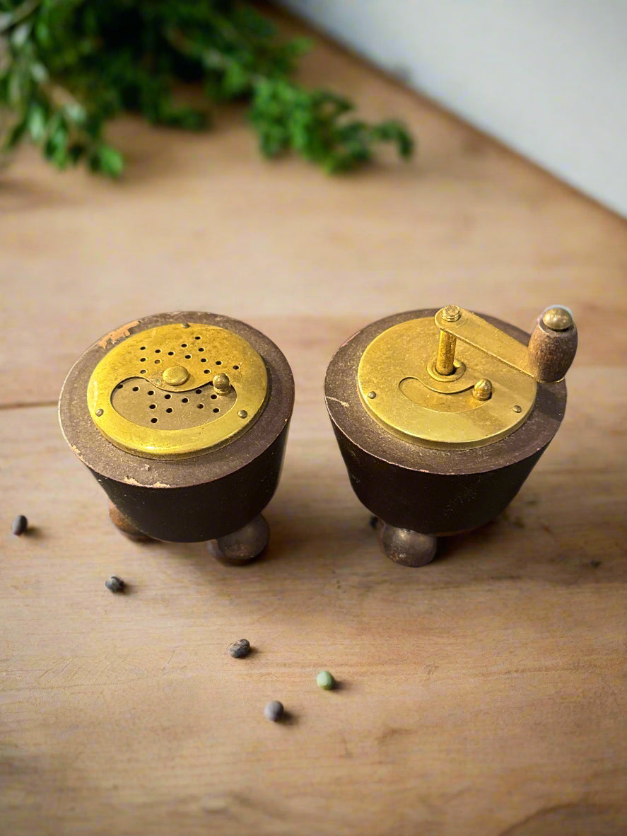 Wooden and Metal Salt & Pepper Shakers Footed 2" Tall Salt and 3" Tall Pepper Grinder