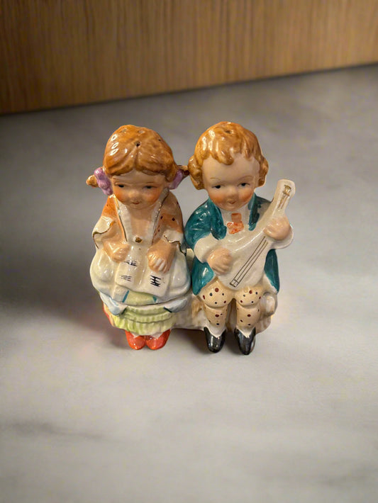 Ceramic Vintage Boy and Girl Salt & Pepper Shakers 3 Pieces with Stand 3" Tall