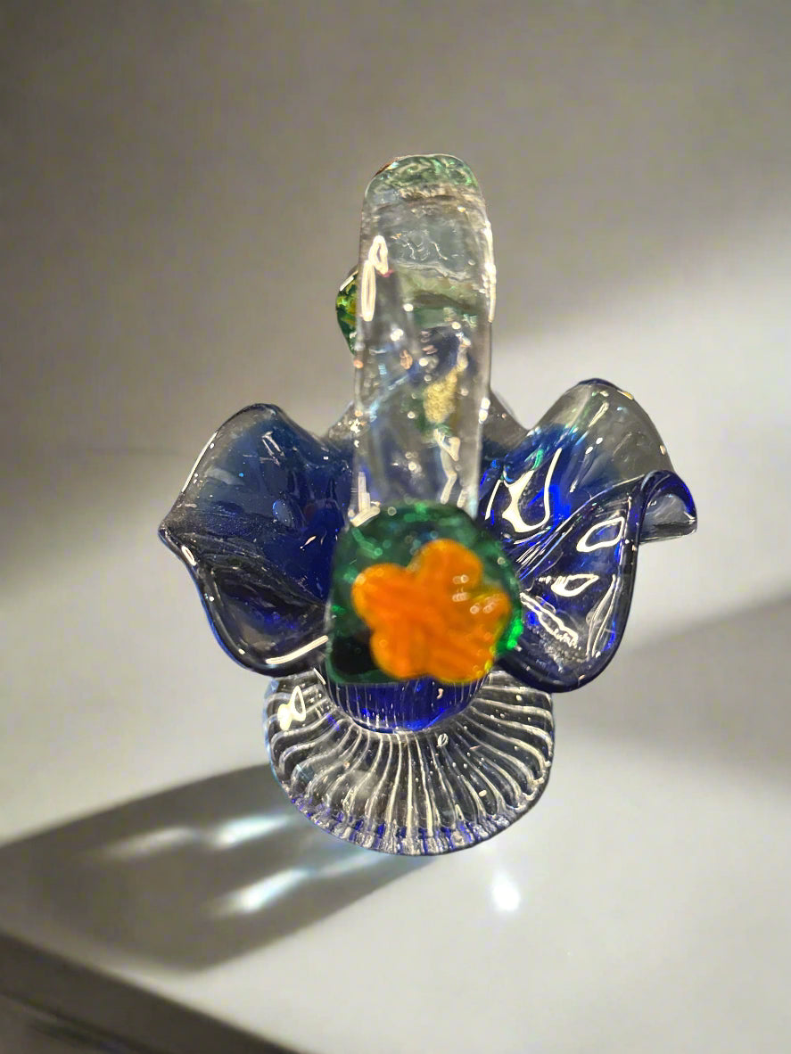 Vintage Hand Blown Cobalt Glass Small Basket Murano Style w/ Flowers 4.5" Tall