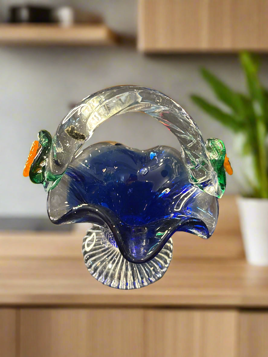 Vintage Hand Blown Cobalt Glass Small Basket Murano Style w/ Flowers 4.5" Tall