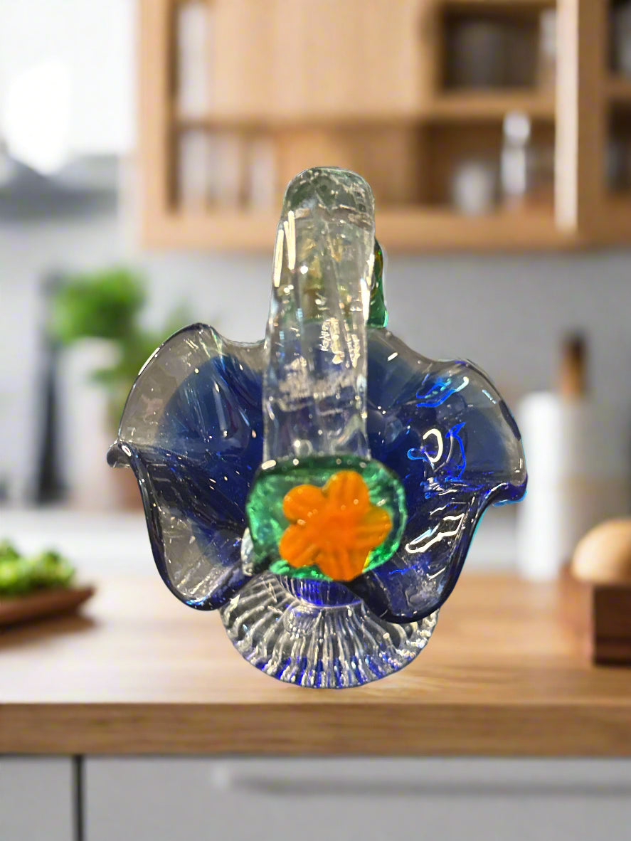 Vintage Hand Blown Cobalt Glass Small Basket Murano Style w/ Flowers 4.5" Tall
