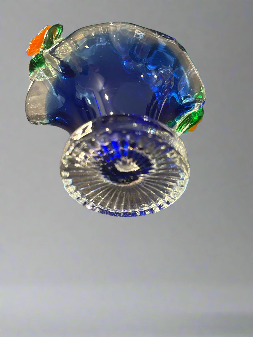 Vintage Hand Blown Cobalt Glass Small Basket Murano Style w/ Flowers 4.5" Tall