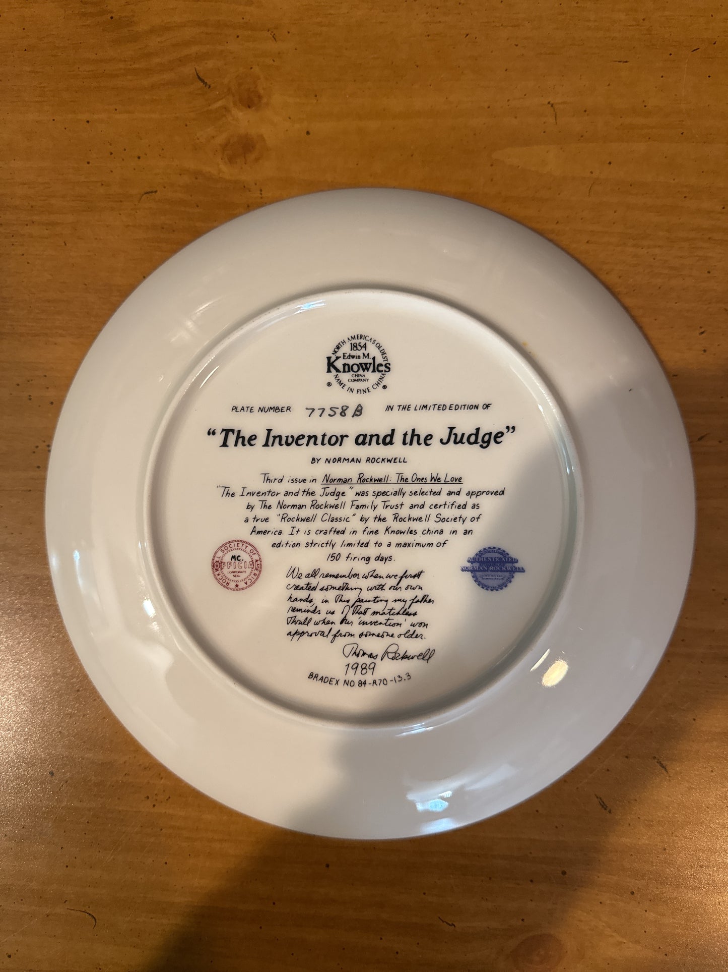 Knowles Norman Rockwell "The Inventor and the Judge" Collector's Plate 8.5" Wide Plate # 7758B