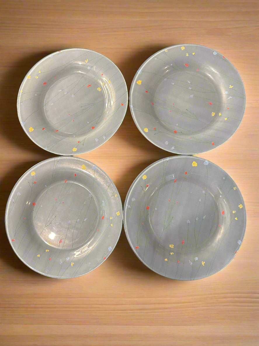 Farmhouse Wild Flower 7.5" Salad Plates Frosted Glass France Set of 4