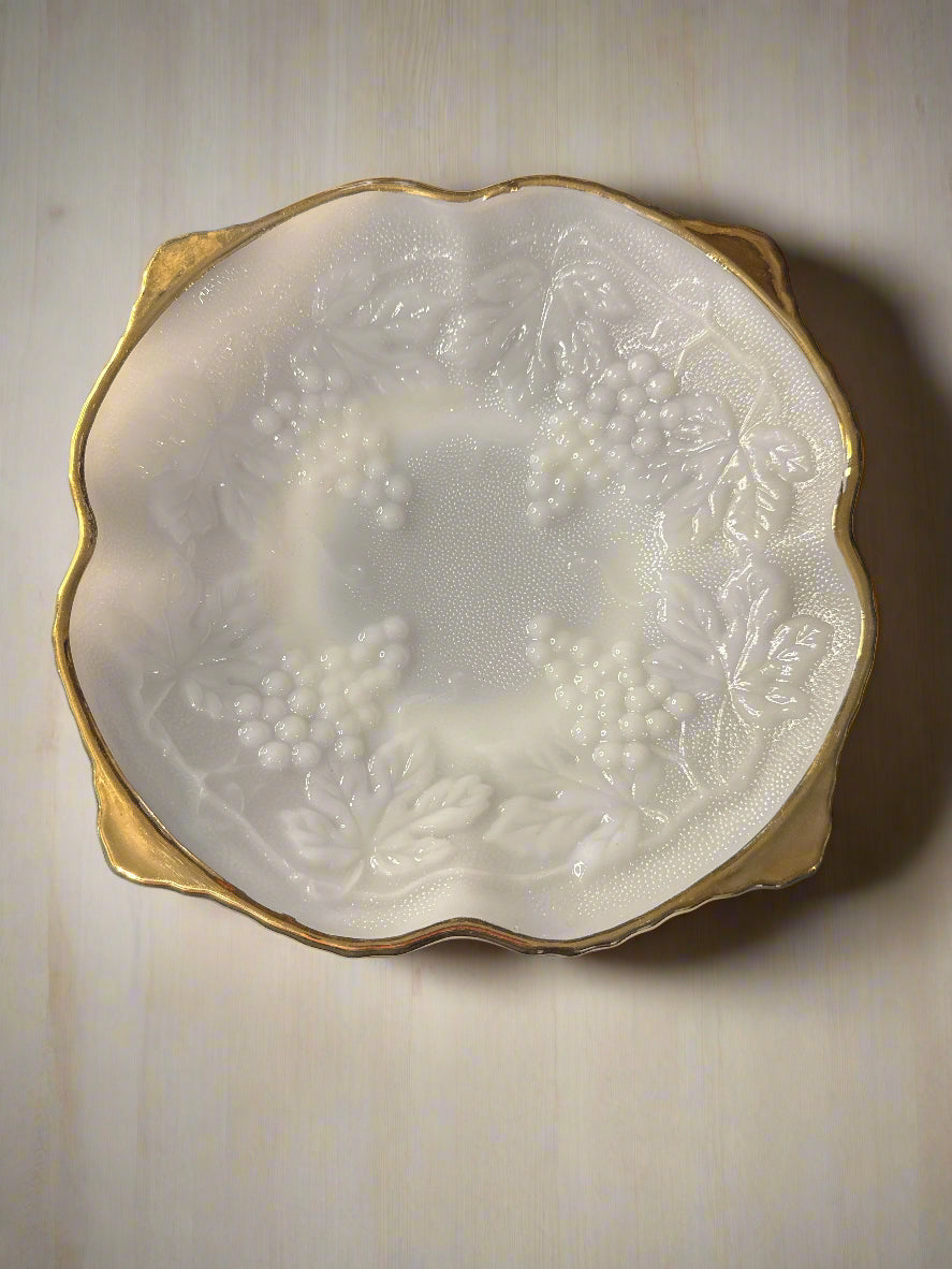 Vintage 8.25" Anchor Hocking Milk Glass Embossed Grapes Bowl Gold Trim Footed 2 1/8" Tall