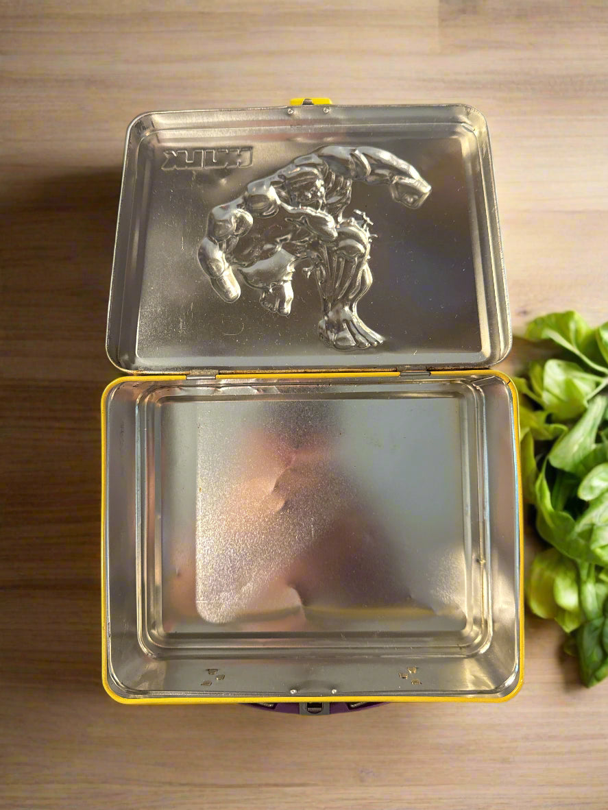 The Hulk 3-D Embossed Lunchbox Green Purple Yellow 7 5/8" W x 6" T x 2.75" D