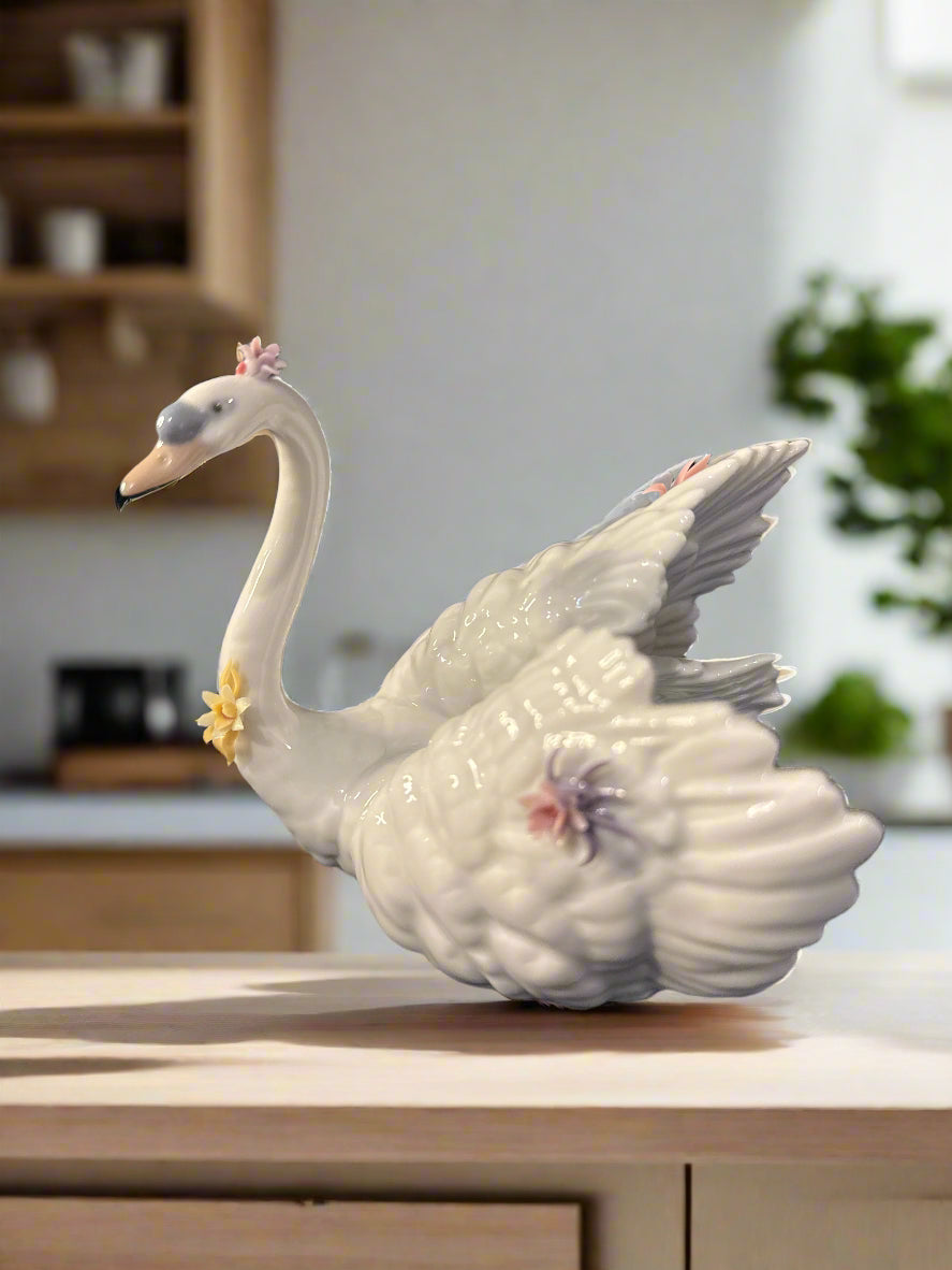 Lladro White Swan with Flowers Figurine #6499 In Box