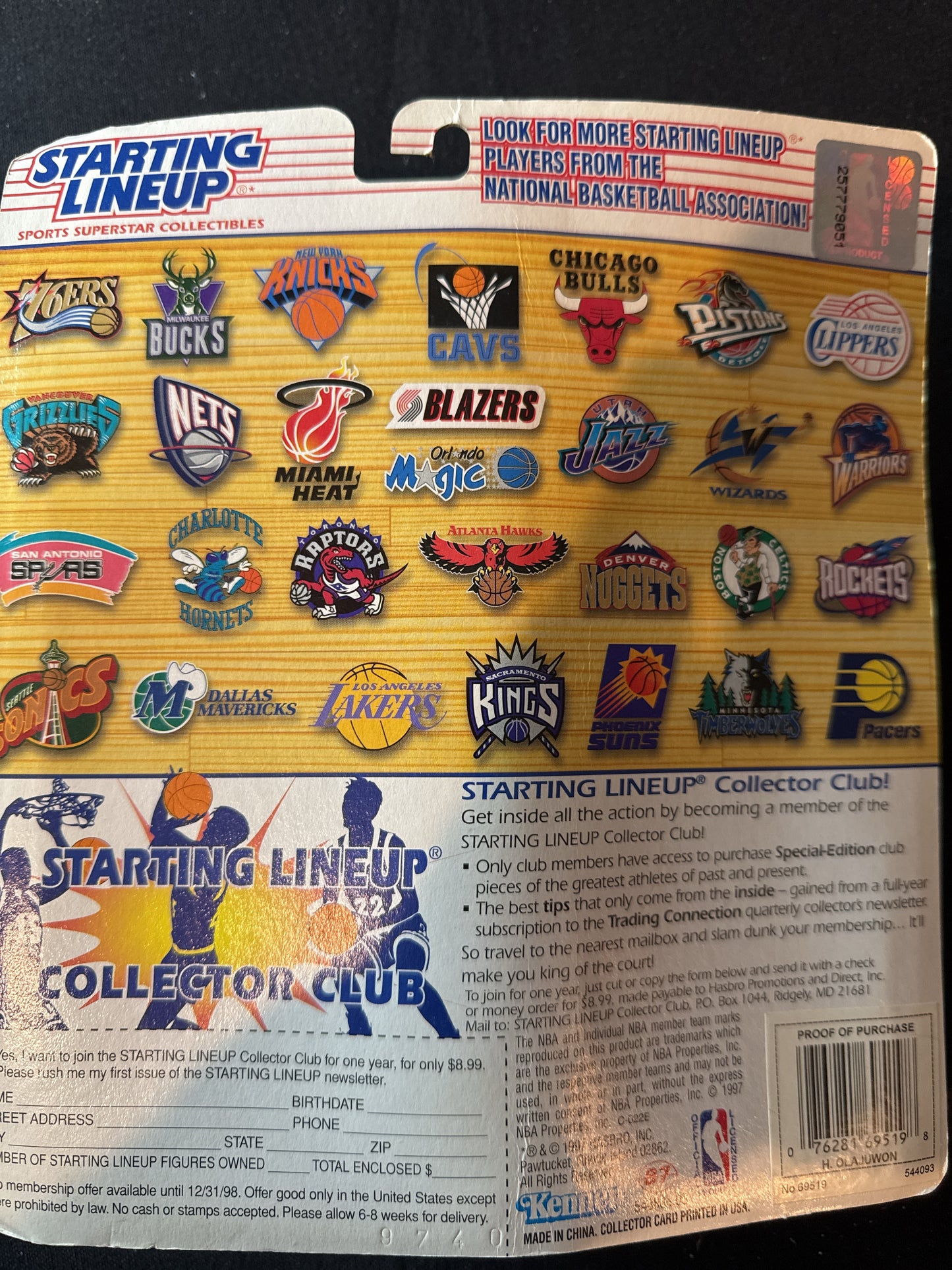 Starting Lineup 1997 NBA Hakeem Olajuwon Houston Rockets Action Figure New in Package