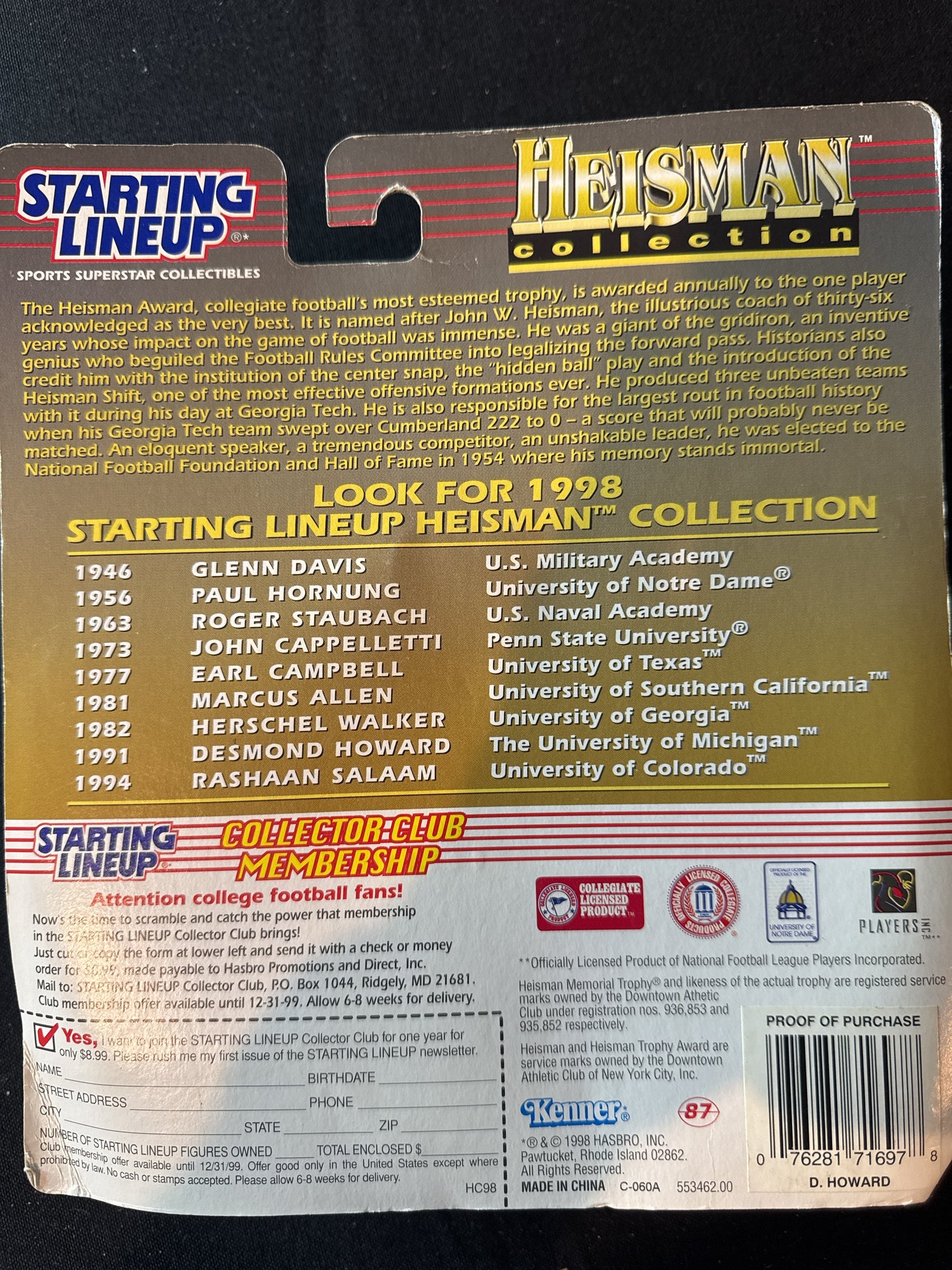 Starting Lineup 1998 NFL Desmond Howard University of Michigan Heisman Trophy NIP