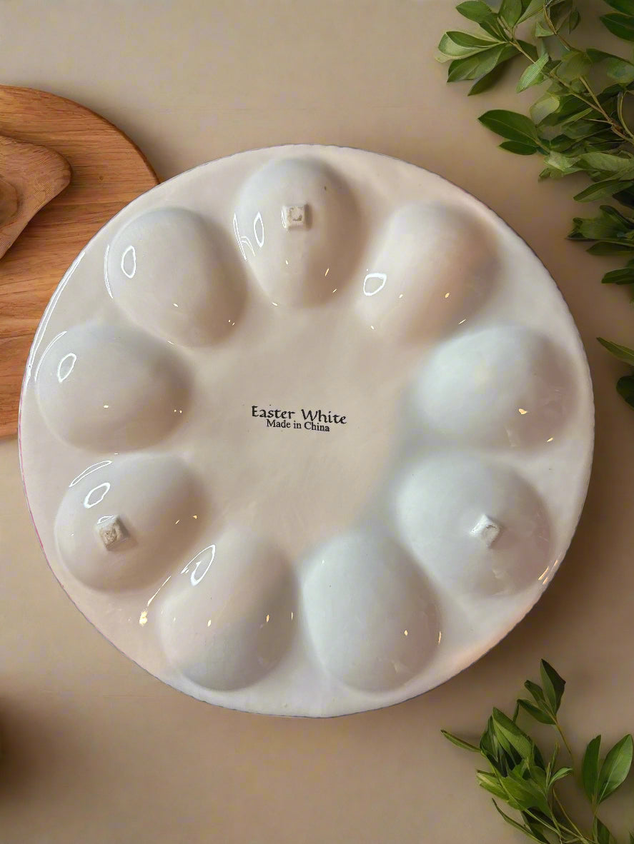 Easter Egg Deviled Egg Dish Holds 9 Hand Painted 10.25" Wide. Pink/White/Blue Floral
