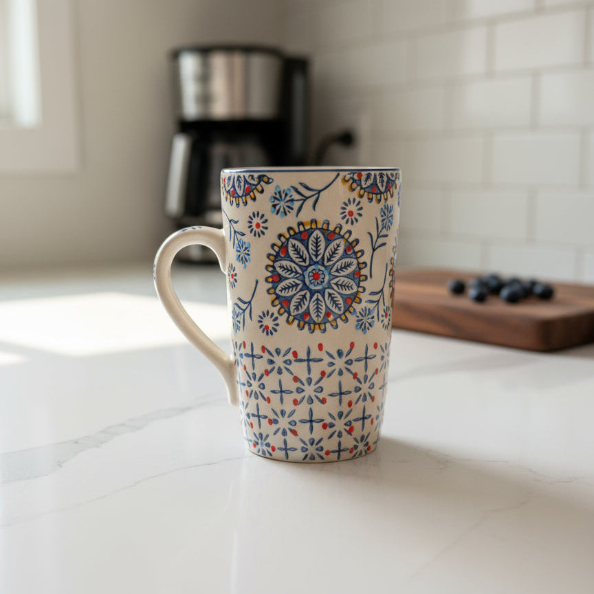 Blue Flower Design with 3D Bumps and Glossy Paint Coffee Mug 14oz New Inventory 5.25" Tall