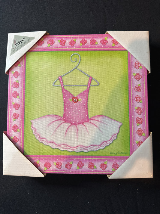 Child's Room Wall Art Canvas Print Stretched Pink Green Ballet Tutu Flowers 9" x 9"