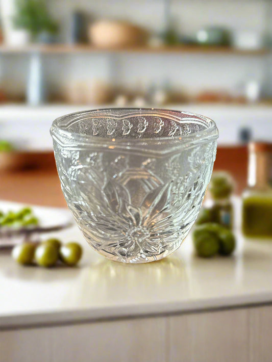 Clear Glass Jar With Flower Pattern By KIG Indonesia 3.5" Tall x 4" Wide