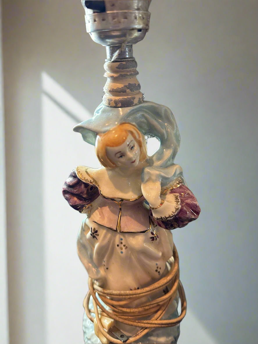 Pair of Vintage Victorian Male and Female Porcelain Figurines Lamps 12" Tall