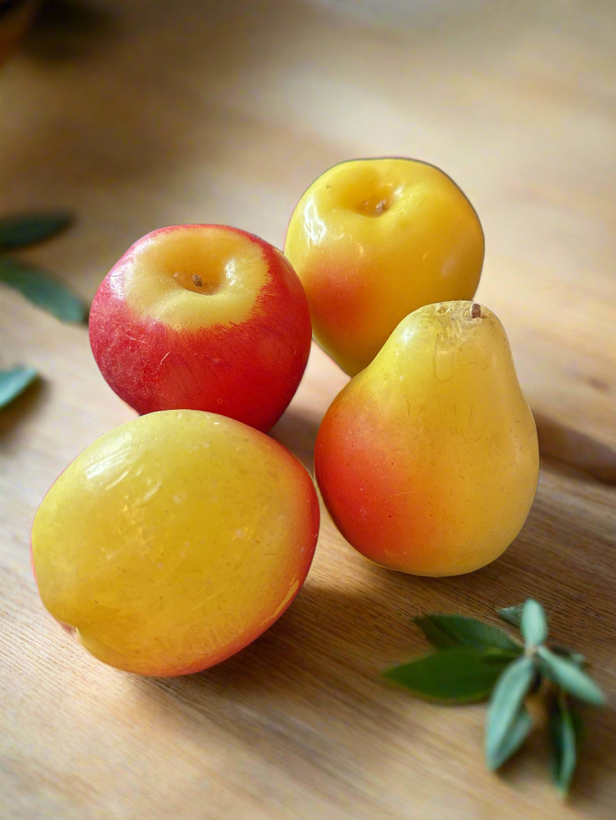 Seven Pieces of Wax Fruit Apples, Oranges, Pear, Apricots, Peaches