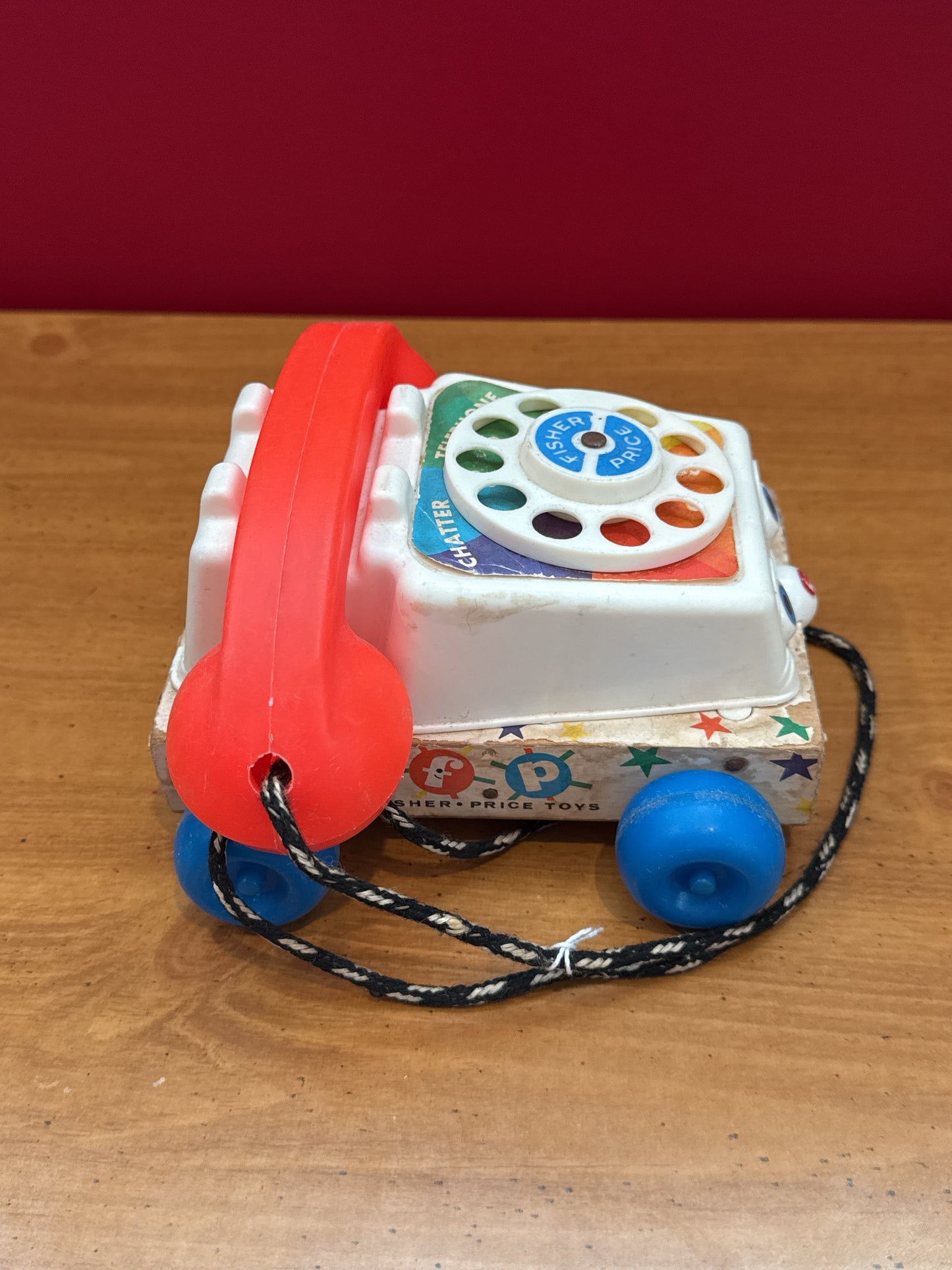 Vintage 1961 Fisher Price Chatter Box Telephone Phone Pull Toy #747 Wood Base