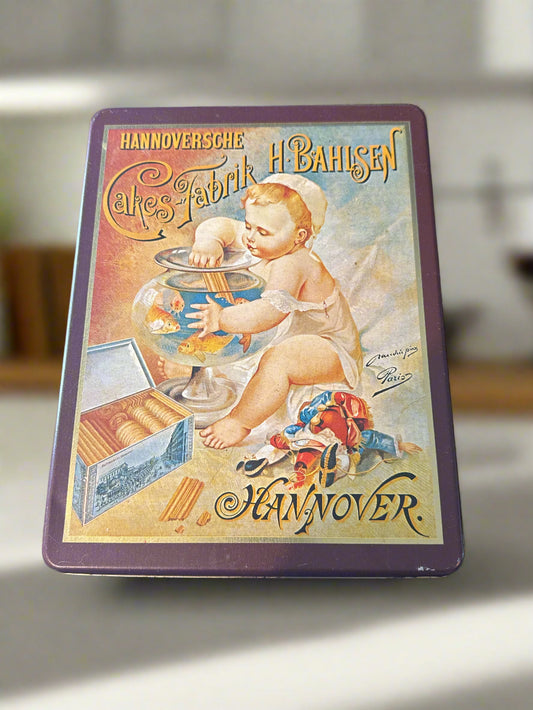 Collectible Hannoversche Cakes Fabrik Bahlsen 7" x 9.5" Hinged Metal Tin Can Box