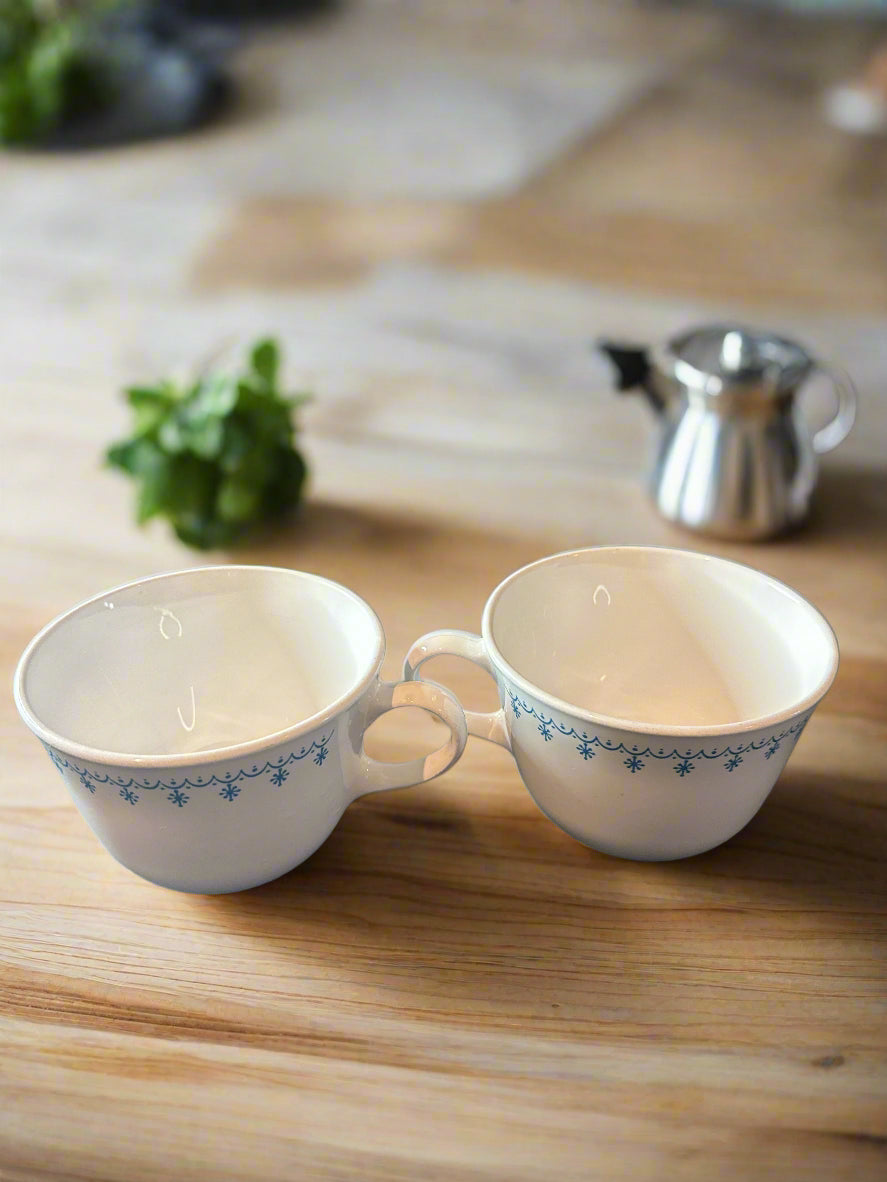 Pair of Corelle Blue Snowflake Garland Tea Coffee Cup C Handle Livingware Corning 2.75" Tall