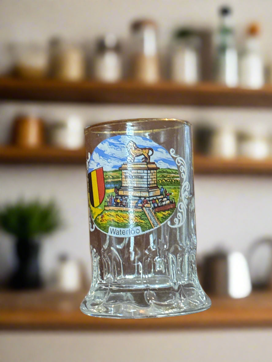 Mini Souvenir Shot Glass Mug Mini Stein Lion's Mound, Battle of Waterloo, Belgium 2 5/8" Tall