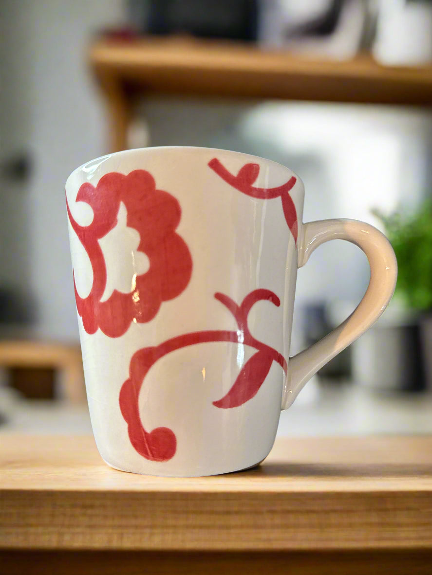 Sandra Coffee Cup Mug by Sandra Lee Red and White Floral Design Rare Find 4.25" Tall