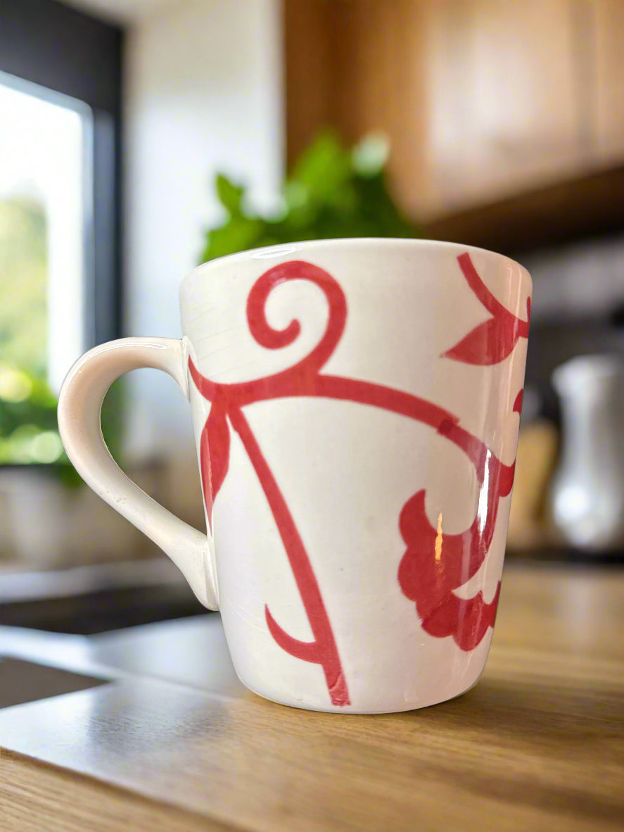 Sandra Coffee Cup Mug by Sandra Lee Red and White Floral Design Rare Find 4.25" Tall