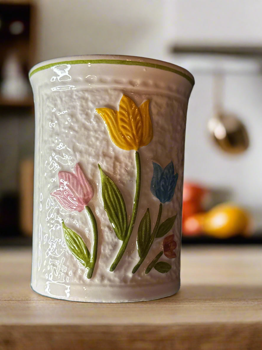 Vintage White Floral I W Rice & Co. Bathroom Cup 3.5" Tall