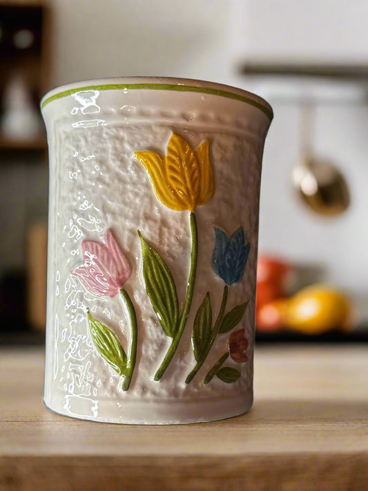 Vintage White Floral I W Rice & Co. Bathroom Cup 3.5" Tall