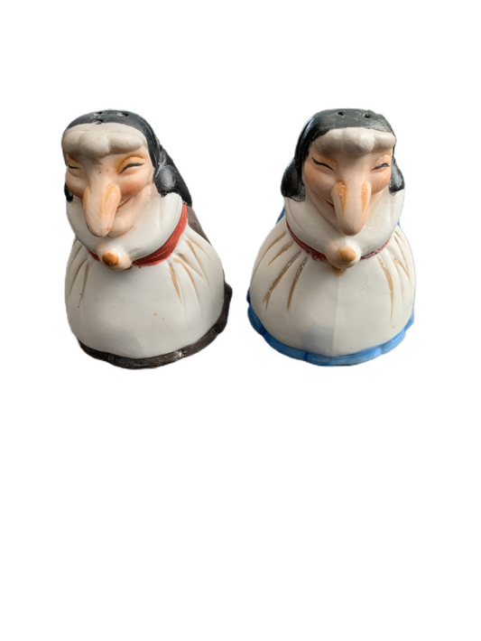 Ceramic Salt & Pepper Shakers Kitchen Witch Big Nose Babushka Halloween Vintage