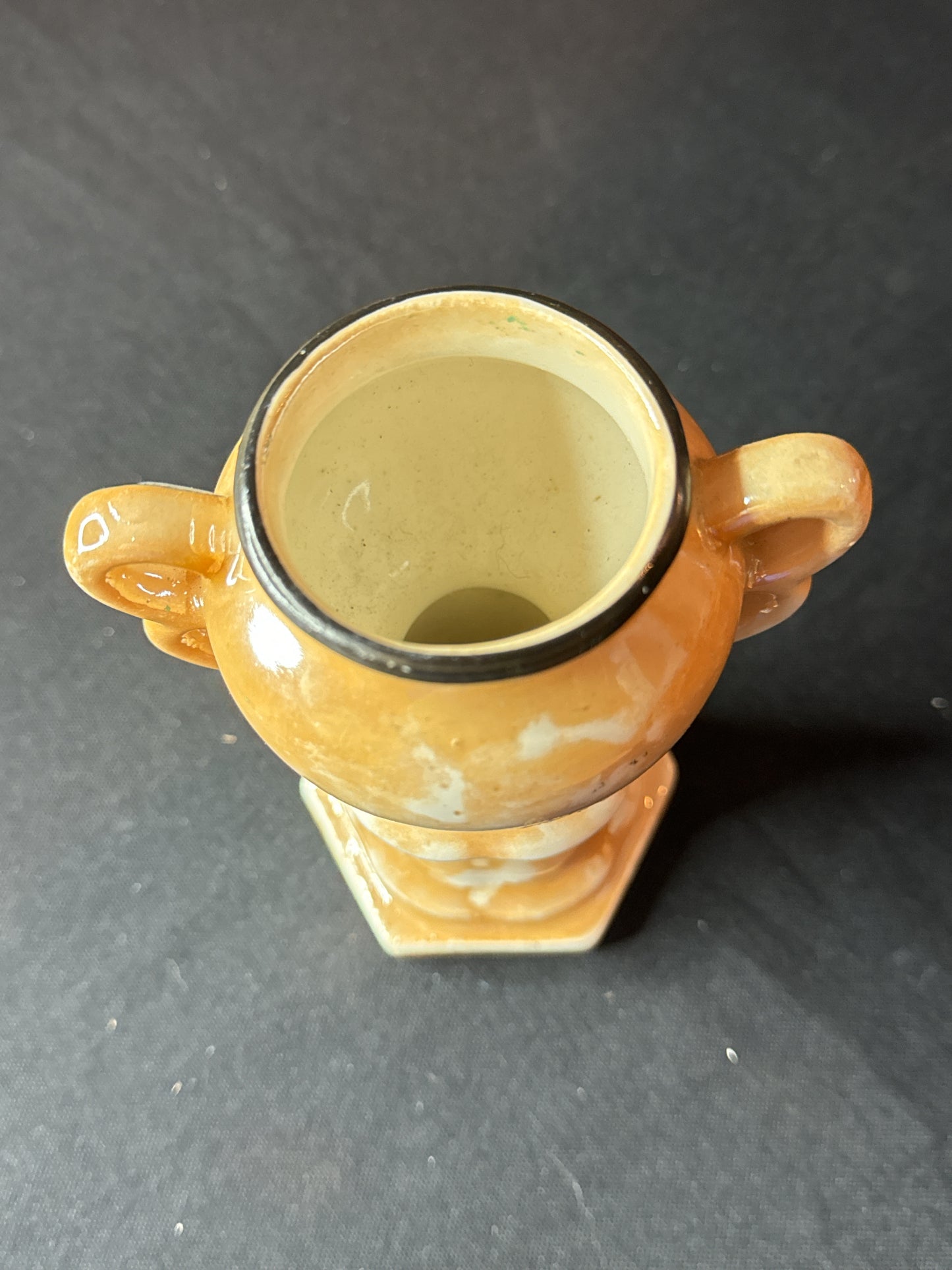Tri-Handle Porcelain Vase Czecho-Slovakia Gold Orange Peach Lustreware 6"