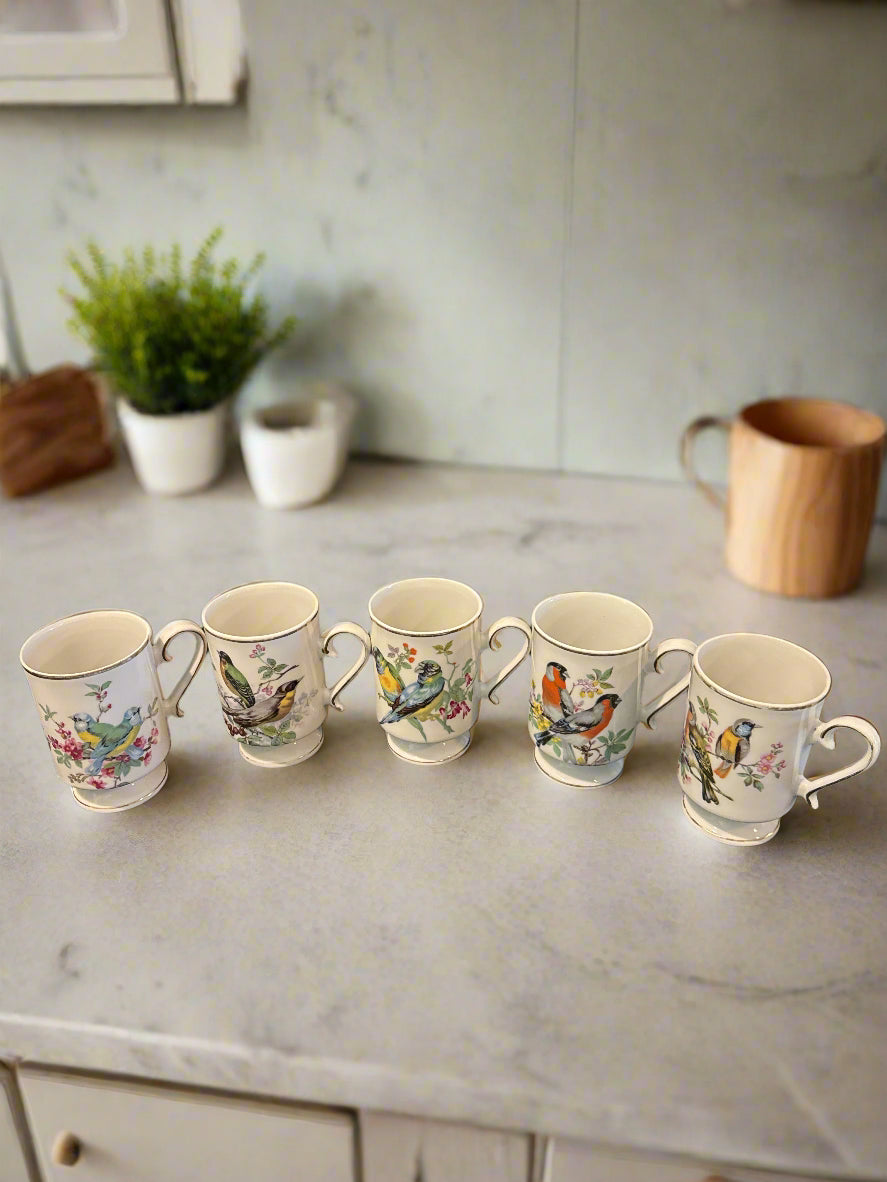 Set of Five (5) Porcelain Vintage Royal Crown Pedestal Coffee Mugs Cups w/ Birds Gold Trim