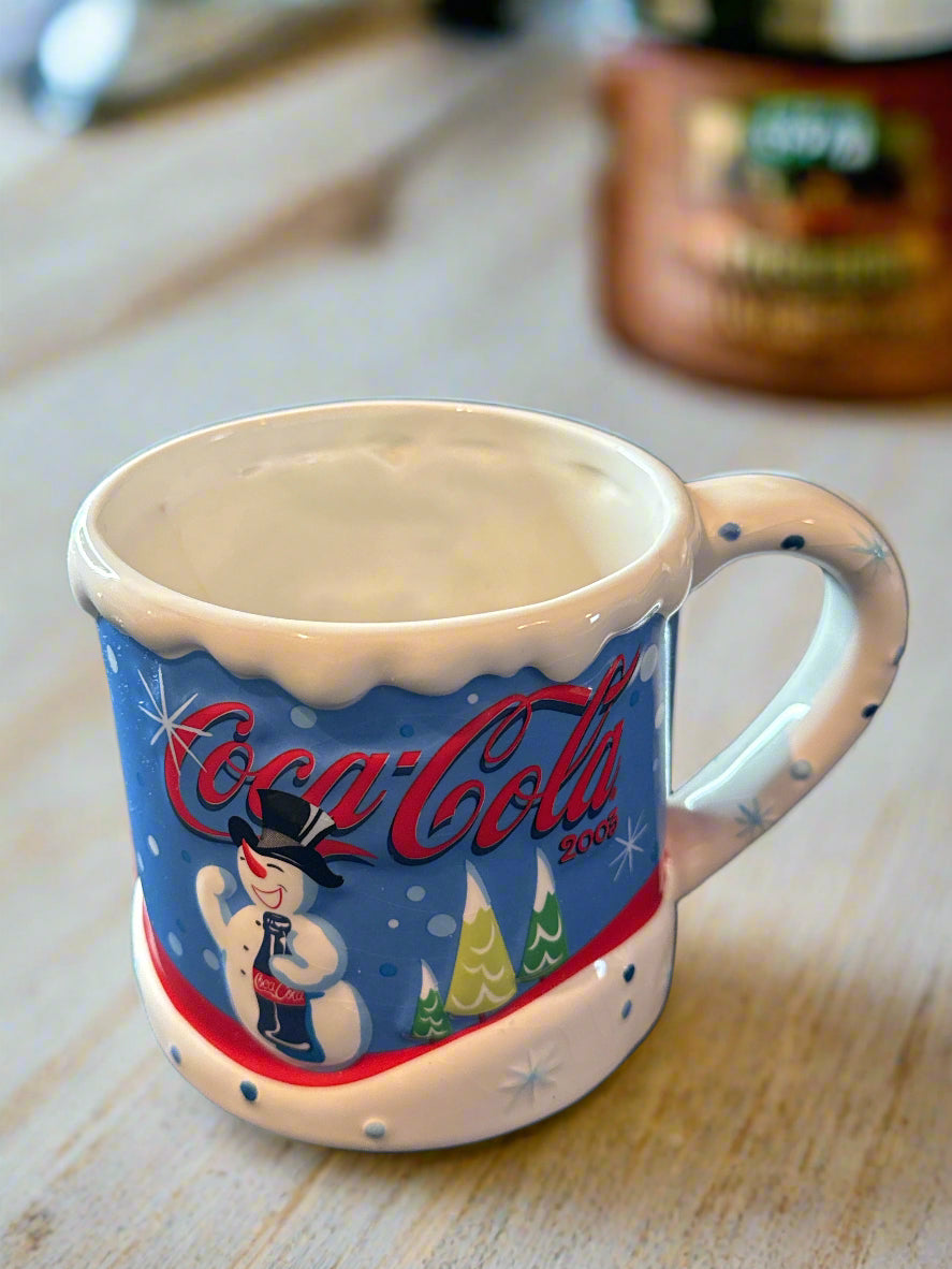 2003 Coca Cola Coke Laughing Snowman Christmas Winter Coffee Mug Cup Houston Harvest