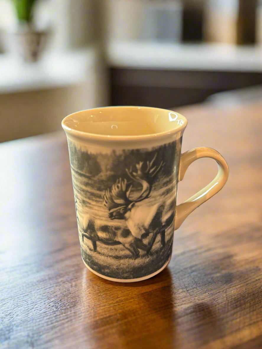 Pair of Field & Stream Coffee Cups Mugs Duck & Caribou Wildlife Design-Pac 3 7/8" Tall