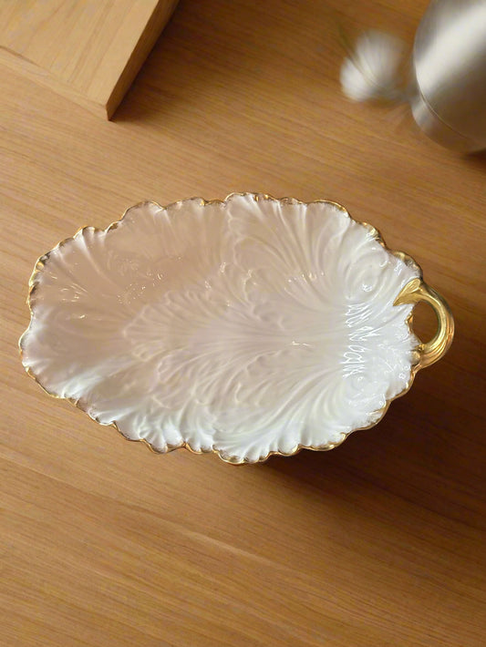 Vintage 14" Lenox Ivory 24k Gold Trim Cabbage Leaf Serving Bowl Centerpiece 9.5" Wide