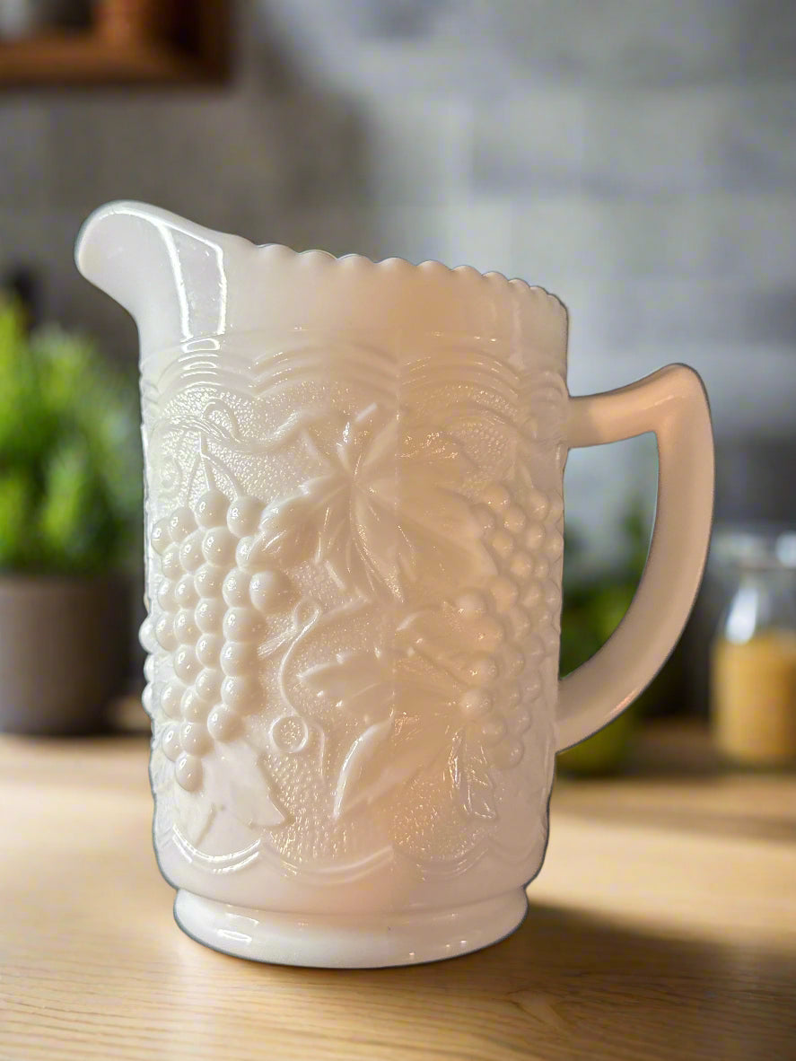 Vintage Imperial Glass Co. Milk Glass Pitcher Raised Grape Pattern 6" Tall