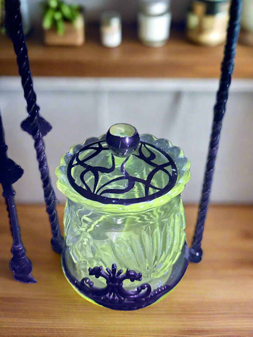James W. Tufts of Boston Vaseline Glass Jar Quadruple Plate Uranium Glass 9.5" Tall MINT