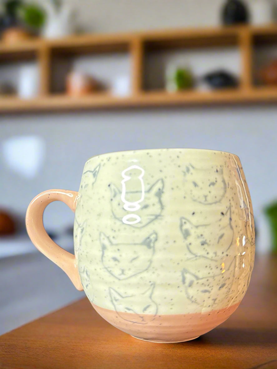 Ceramic Cat Mug by Leah Reena Goren for Anthropologie Pink Handle and Base Cat Inside