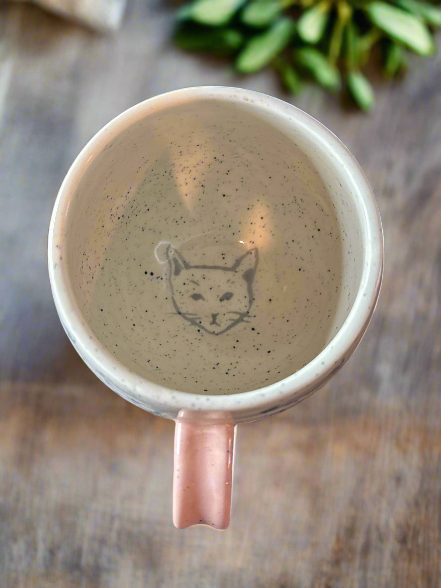 Ceramic Cat Mug by Leah Reena Goren for Anthropologie Pink Handle and Base Cat Inside