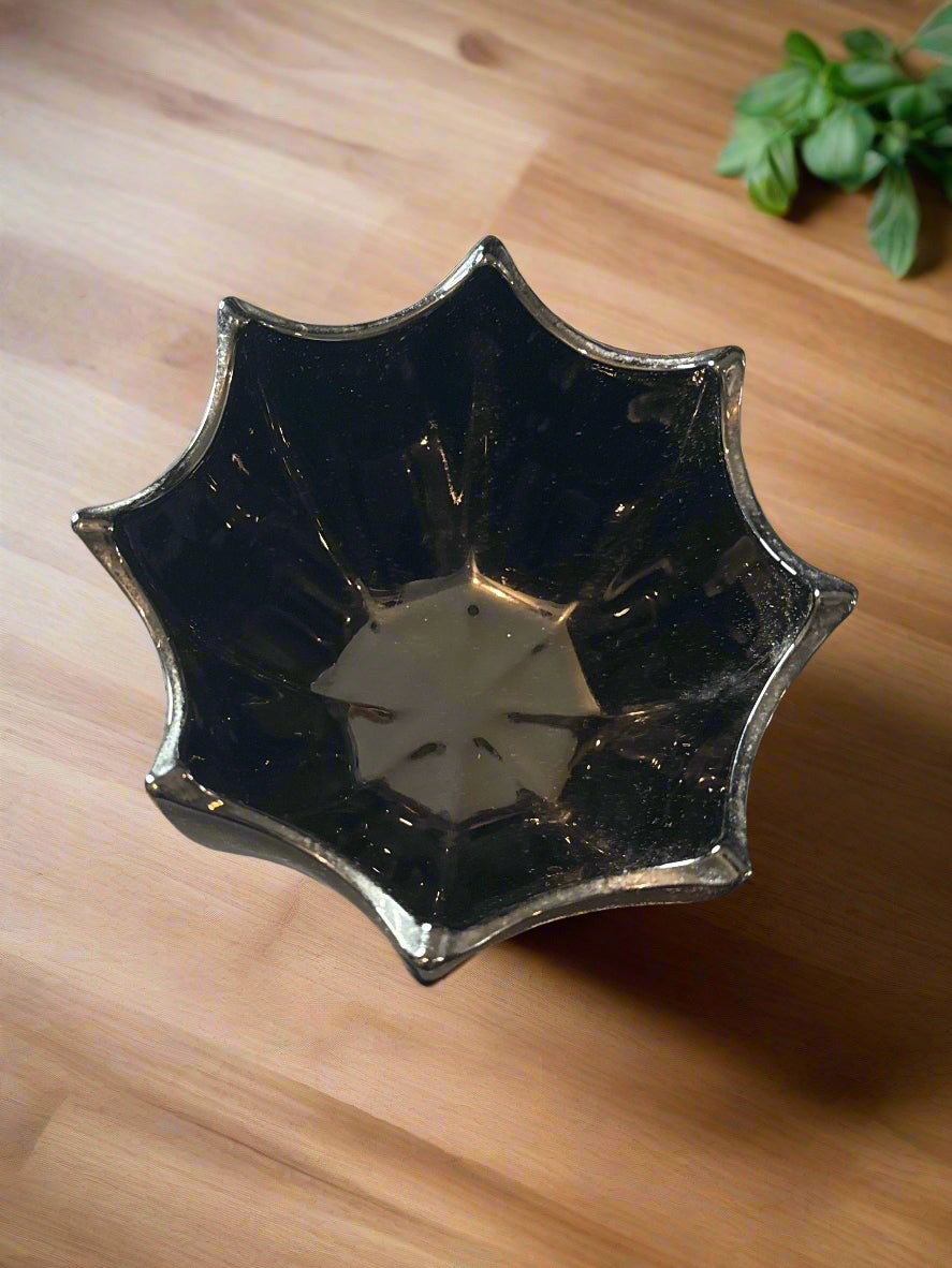 Vintage Black Amethyst Heavy Glass Octagonal Paneled Scalloped Bowl 3.75" Tall 5" Wide