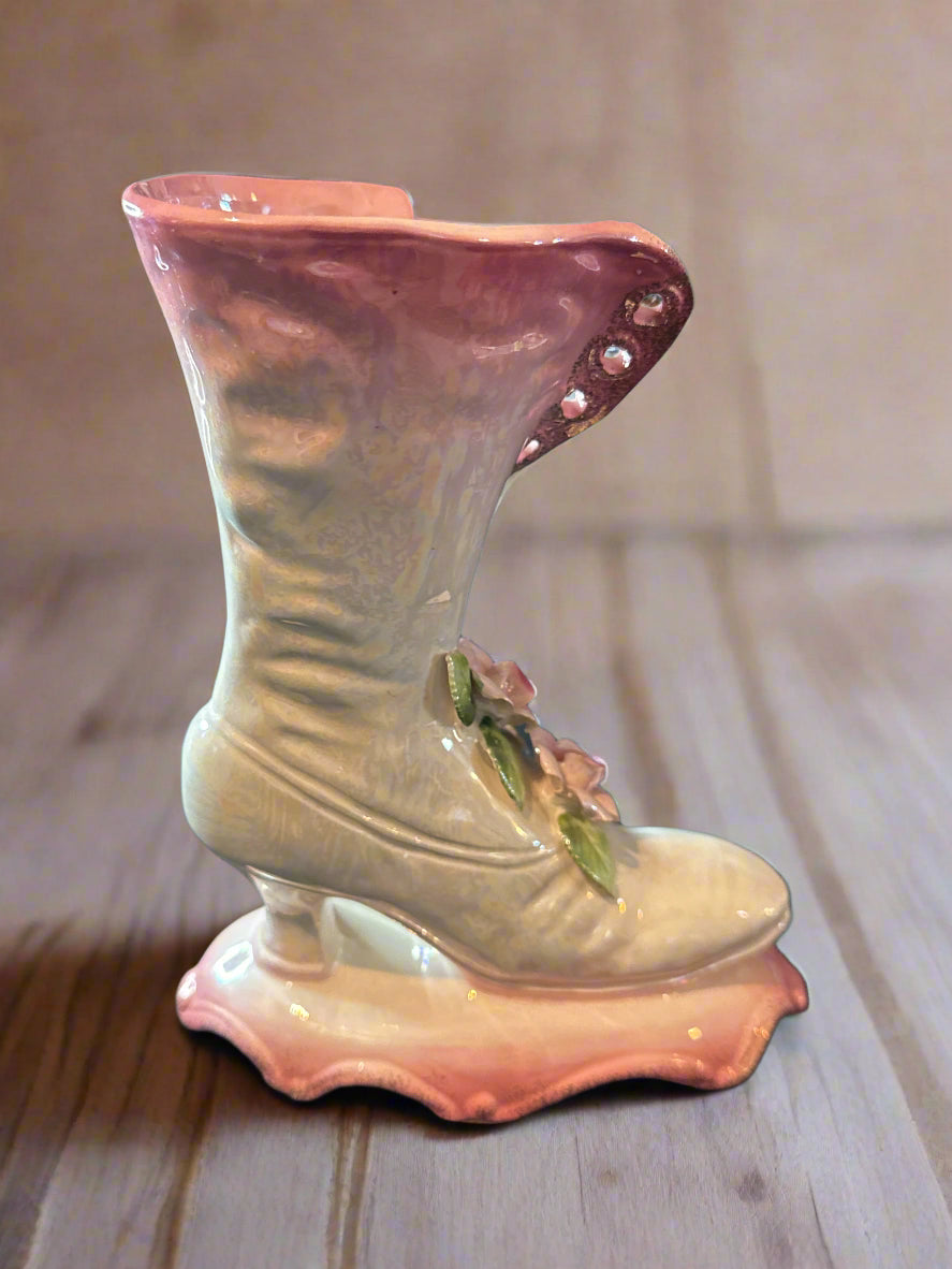 Mid Century 40's - 50's Lusterware Victorian Style Boot Vase Pink w/ 3D Flowers